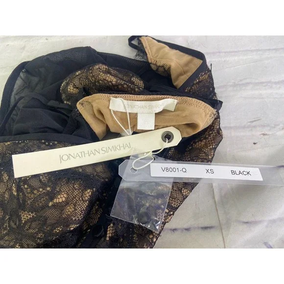 NEW Jonathan Simkhai Deep V Lace Bodysuit Tank Sexy Mesh Black Womens Size XS